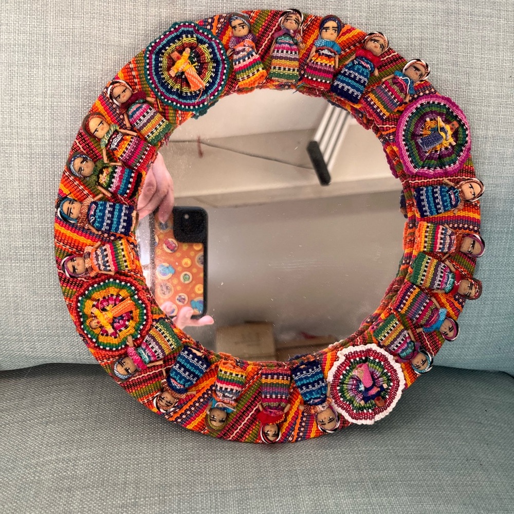 Vintage Guatemala Handmade Multicolor Fabric Worry Dolls Wreath with Mirror RARE